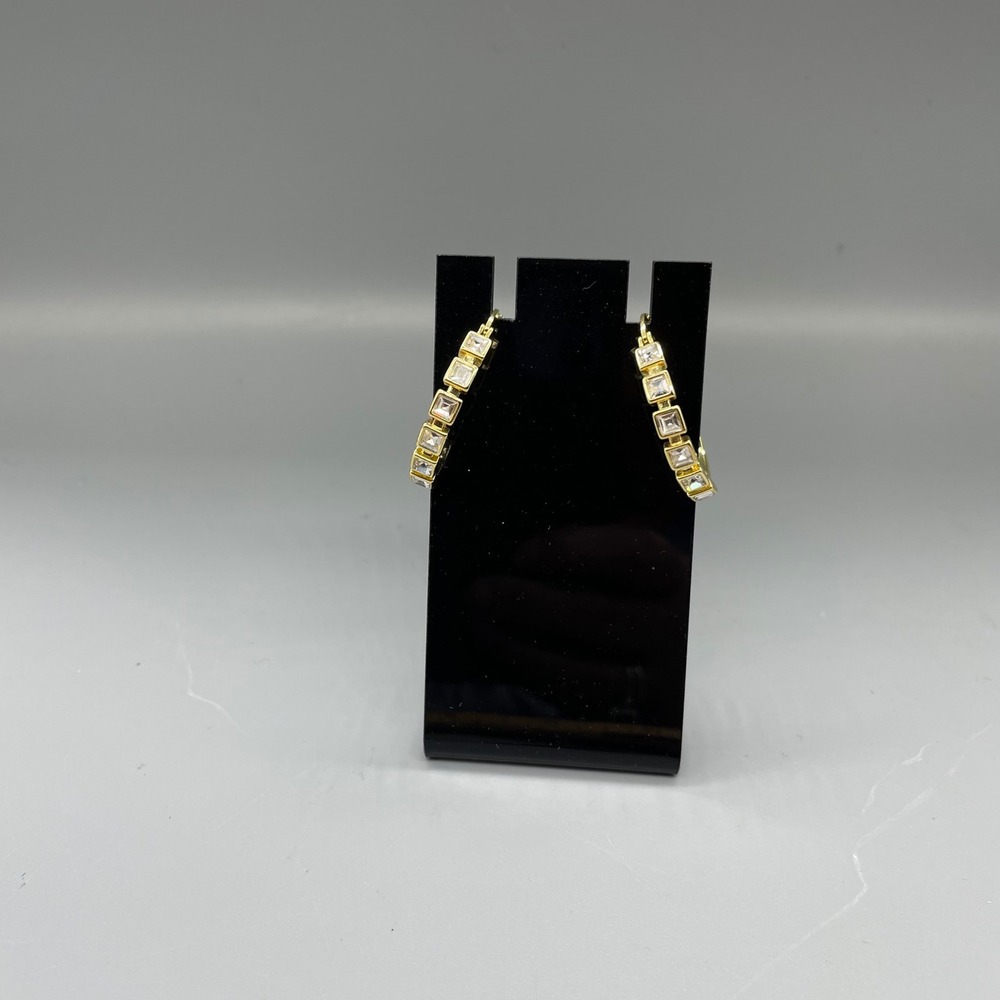 ATI BE CH Gold Tone Square Crystal Hoop Earrings Latch Back Clear Stones